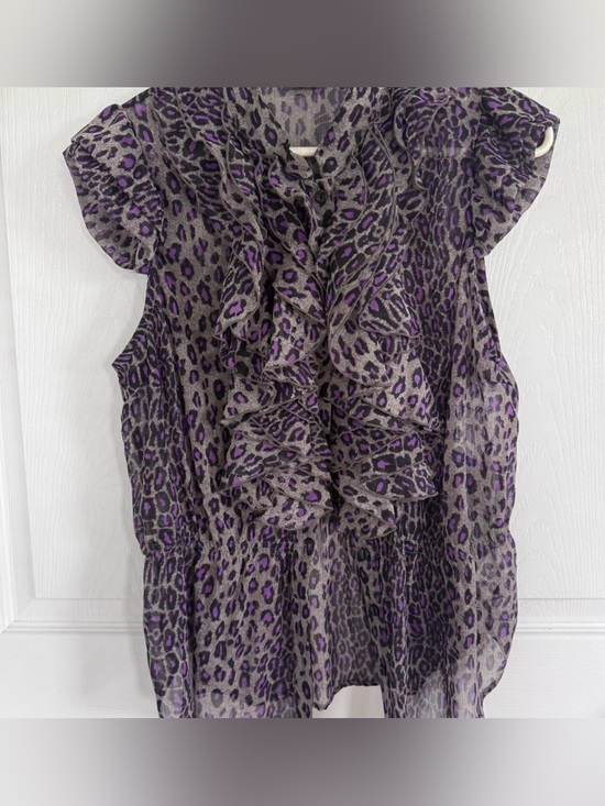 Miley Cyrus & Max Azria Tops - Miley Cyrus x Max Azria y2k XL Blouse Purple Cheetah Print Indie Grunge Ruffles